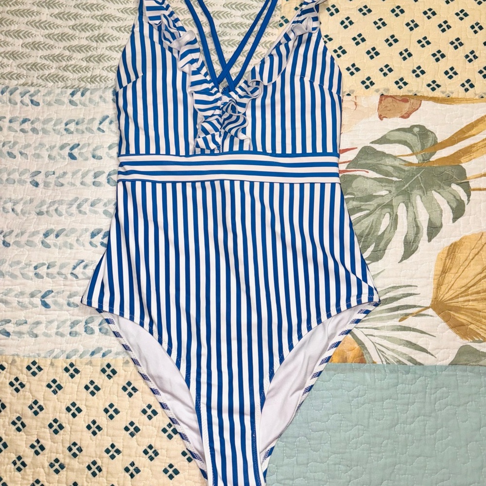 Blue and White Striped Swimsuit